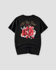 Black cotton T-shirt with a large red embroidered character, two white cranes and clouds on the back