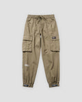 Khaki cargo joggers with flap pockets, a woven label and strap tabs at the ankles, flat view