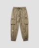 Khaki cargo joggers with flap pockets, a woven label and strap tabs at the ankles, flat view