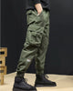 Side view of the army green cargo joggers with the flap pocket and the printed text on the lower leg
