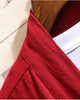 Close-up of the shawl collar band and the crinkled linen weave on the red haori cardigan