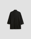 Back of the black linen haori cardigan with a small stand collar and a centre seam