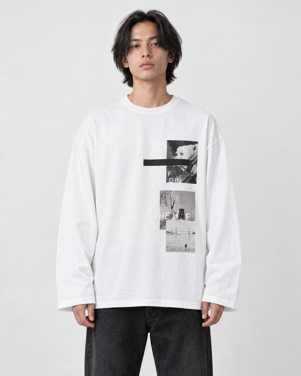 Model wearing the white loose long sleeve tee with a photo print on the chest, black jeans and white sneakers