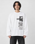 Model wearing the white loose long sleeve tee with a photo print on the chest, black jeans and white sneakers