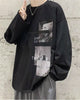 Black loose long sleeve tee with the white dog photo and the snowy figure photo printed on the chest