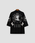 Back of the black haori with a gray circle, the character 道, two white cranes and trigram columns
