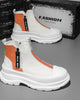 Orange and white platform sneaker boots, a pair with the orange rear panel and the black NICE MEE pull