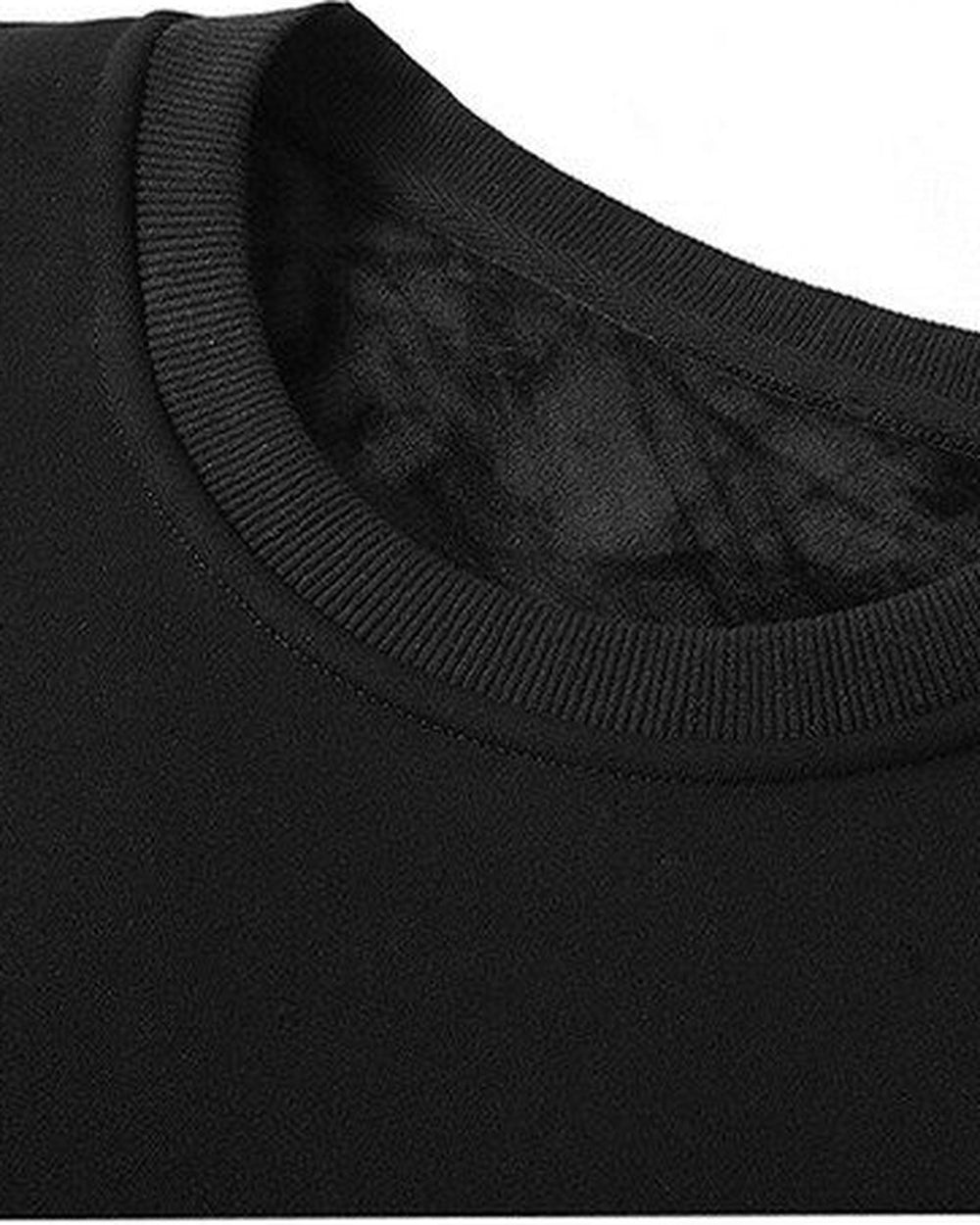 Close-up of the ribbed round neck and the fleece lining of the black sweatshirt