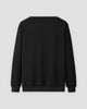 Back of the black fleece-lined crewneck sweatshirt, plain with a ribbed hem