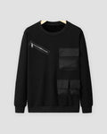 Black fleece-lined crewneck sweatshirt with a diagonal chest zip pocket and three flap pockets, front view