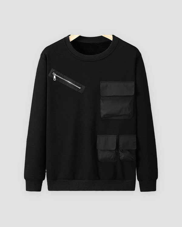 Black fleece-lined crewneck sweatshirt with a diagonal chest zip pocket and three flap pockets, front view