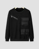 Black fleece-lined crewneck sweatshirt with a diagonal chest zip pocket and three flap pockets, front view