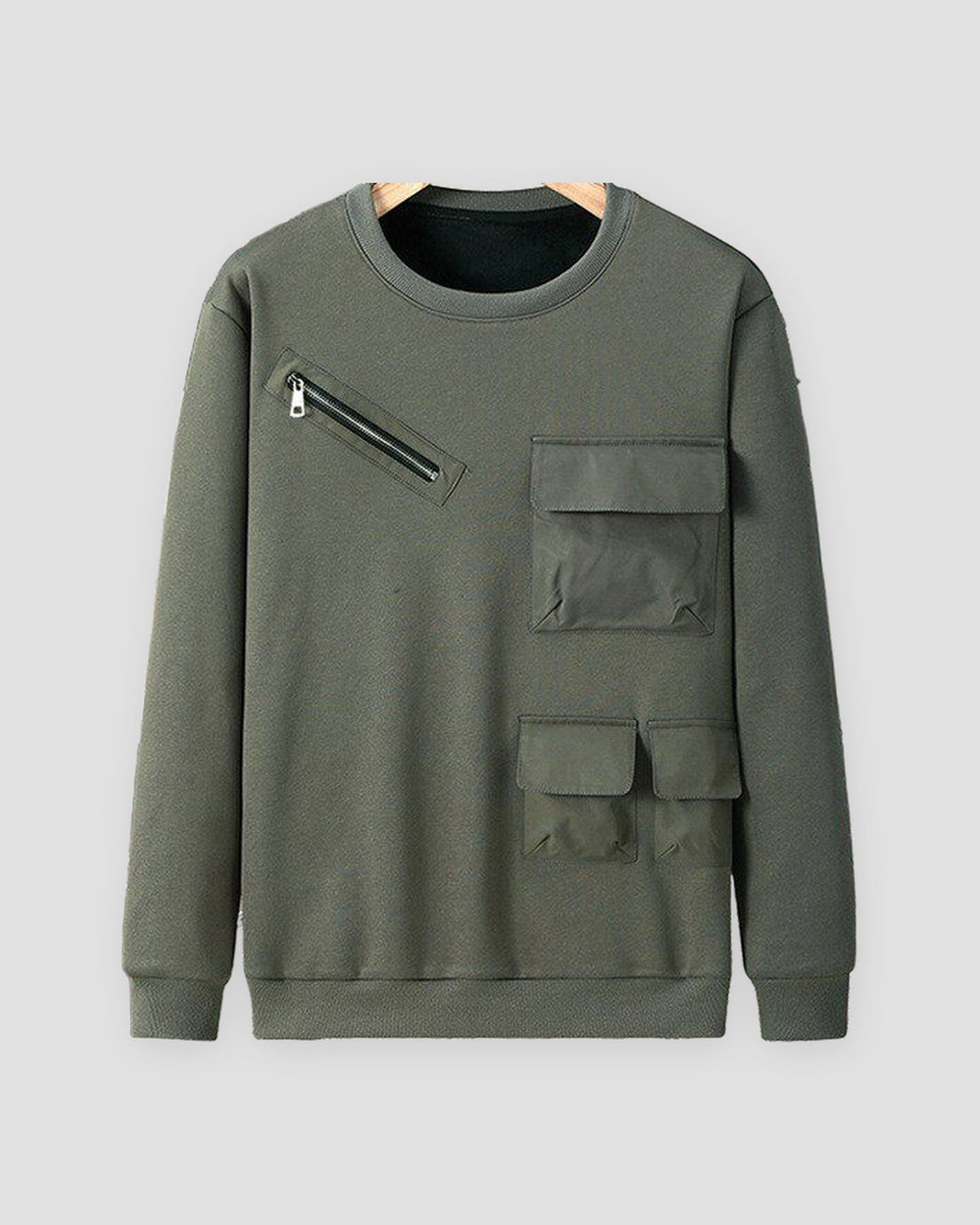 Gray green fleece-lined crewneck sweatshirt with a diagonal chest zip pocket and three flap pockets, front view