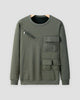 Gray green fleece-lined crewneck sweatshirt with a diagonal chest zip pocket and three flap pockets, front view