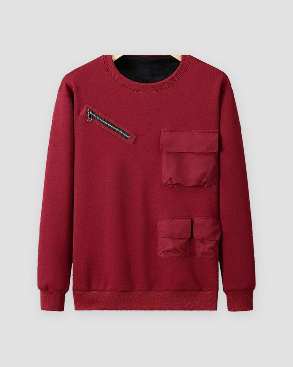 Wine red fleece-lined crewneck sweatshirt with a diagonal chest zip pocket and three flap pockets, front view