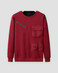 Wine red fleece-lined crewneck sweatshirt with a diagonal chest zip pocket and three flap pockets, front view