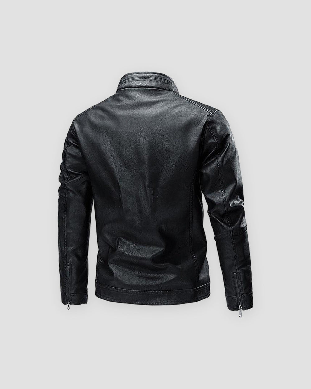 Back of the black PU leather biker jacket with a stand collar and zipped cuffs