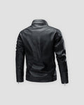 Back of the black PU leather biker jacket with a stand collar and zipped cuffs