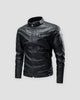 Black PU leather biker jacket with a stand collar, padded shoulders and a zip chest pocket, front view