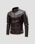 Dark brown PU leather biker jacket with a stand collar, padded shoulders and a zip chest pocket, front view