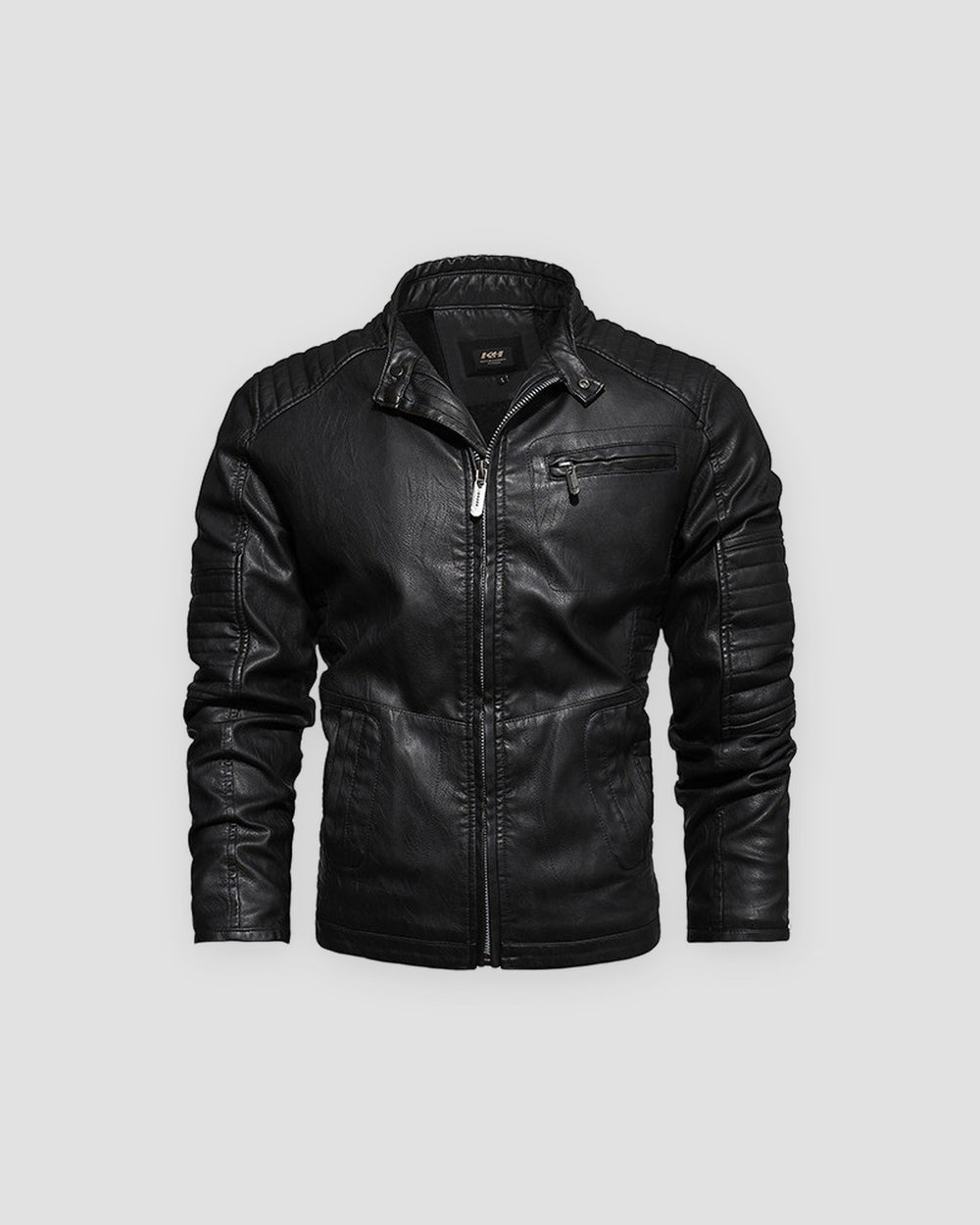 Black PU leather biker jacket with a stand collar, quilted shoulders and ribbed sleeves, front view