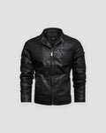 Black PU leather biker jacket with a stand collar, quilted shoulders and ribbed sleeves, front view