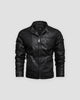 Black PU leather biker jacket with a stand collar, quilted shoulders and ribbed sleeves, front view