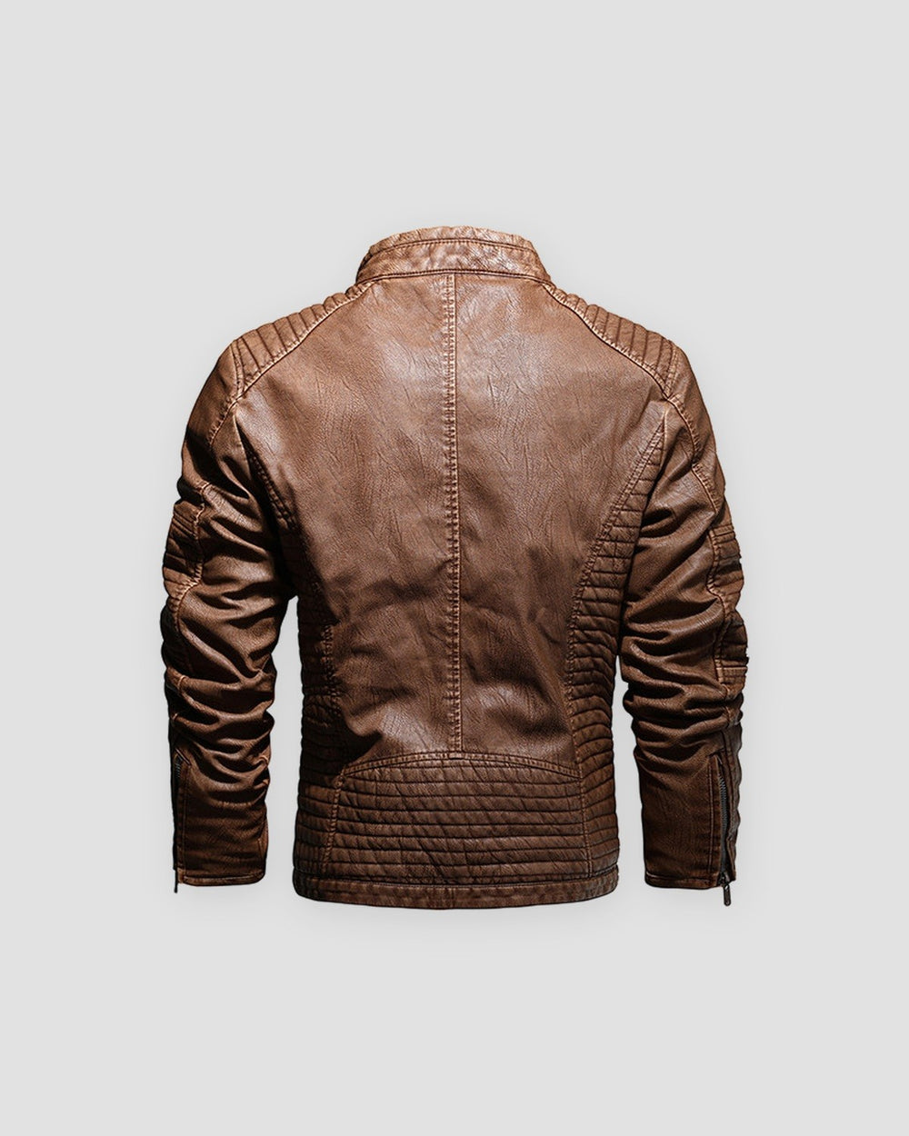 Back of the brown PU leather biker jacket with quilted side panels and a ribbed lower back band