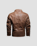 Back of the brown PU leather biker jacket with quilted side panels and a ribbed lower back band