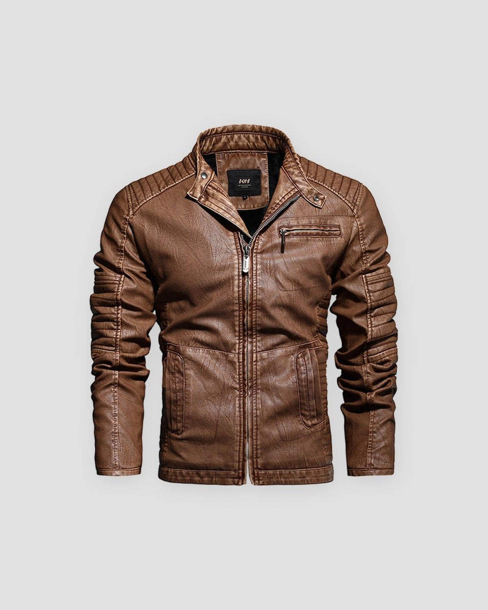 Brown PU leather biker jacket with a stand collar, quilted shoulders and ribbed sleeves, front view