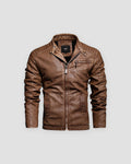 Brown PU leather biker jacket with a stand collar, quilted shoulders and ribbed sleeves, front view