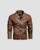 Brown PU leather biker jacket with a stand collar, quilted shoulders and ribbed sleeves, front view