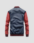 Back of the navy varsity jacket with red sleeves and a striped rib collar, cuffs and hem