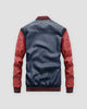 Back of the navy varsity jacket with red sleeves and a striped rib collar, cuffs and hem
