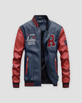 Navy varsity jacket with red faux-leather sleeves, a red R patch, Meetmn script and striped rib trim, front
