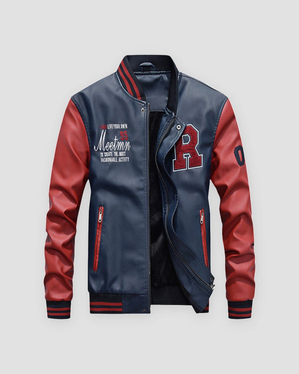 Navy varsity jacket with red faux-leather sleeves, a red R patch, Meetmn script and striped rib trim, front