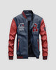 Navy varsity jacket with red faux-leather sleeves, a red R patch, Meetmn script and striped rib trim, front