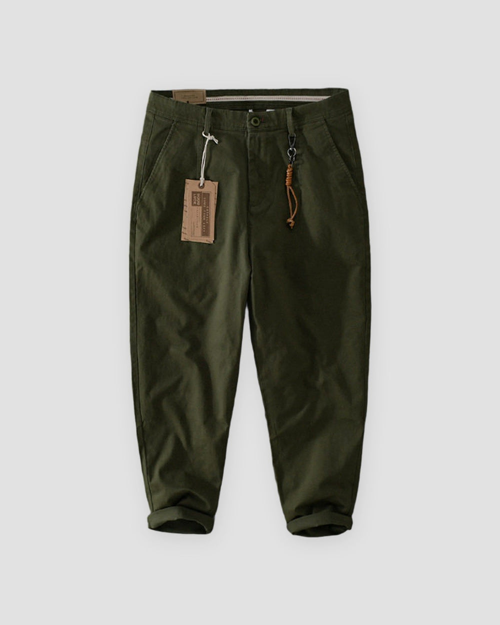 Olive green cuffed chinos with a tan cord and snap hook on the belt loop, flat view