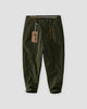 Olive green cuffed chinos with a tan cord and snap hook on the belt loop, flat view