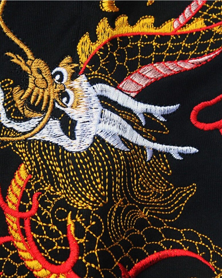 Close-up of the embroidered dragon's head