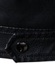 Close-up of the snap tab at the hem of the biker jacket