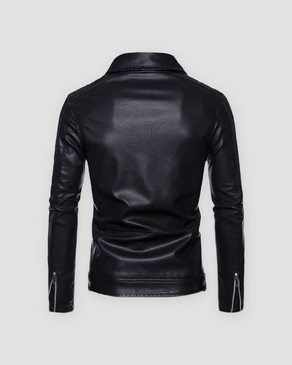 Black leather-look biker jacket, back view with zipped cuffs