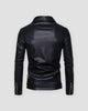 Black leather-look biker jacket, back view with zipped cuffs