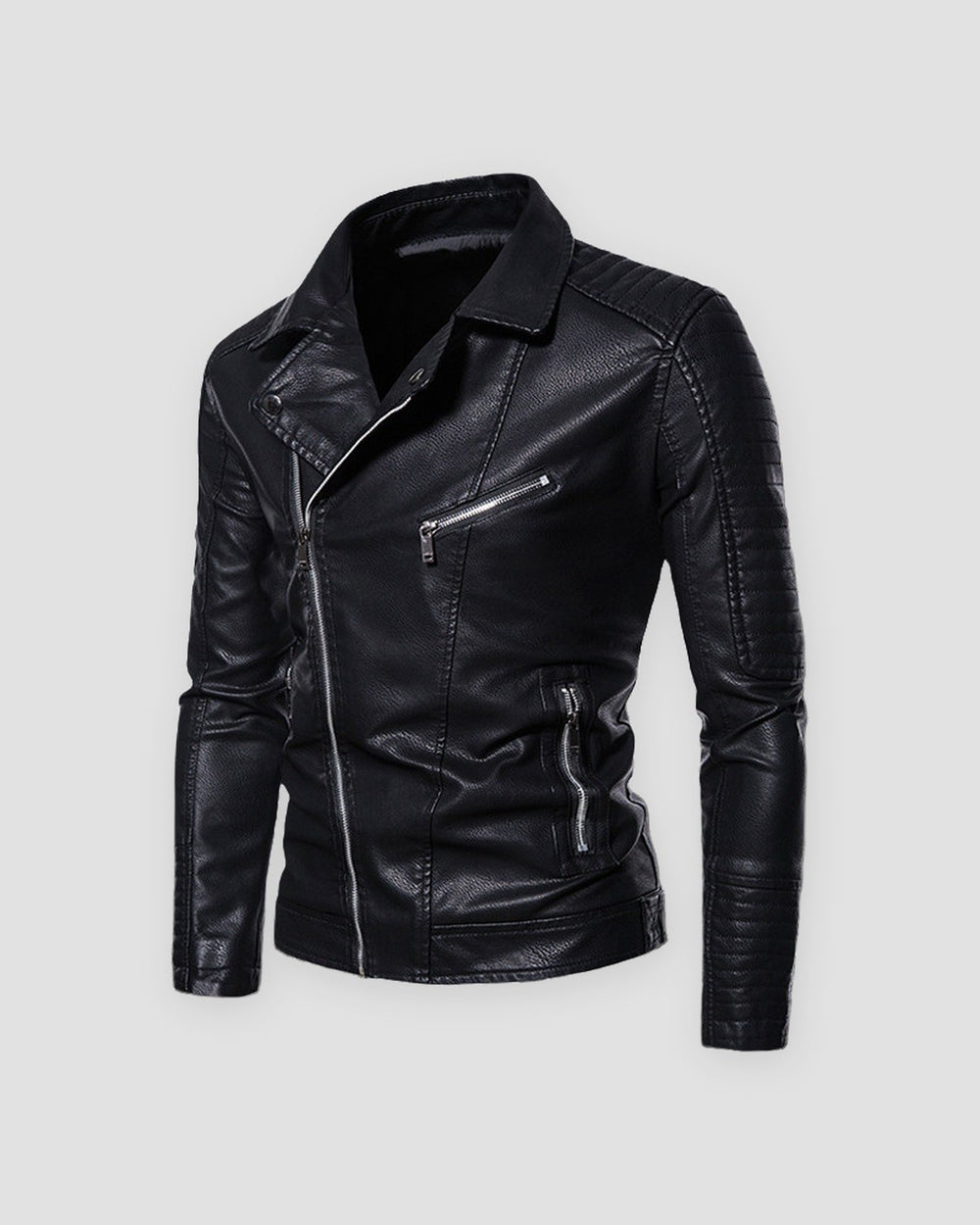 Black leather-look biker jacket with diagonal zip and quilted shoulders, front view