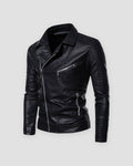 Black leather-look biker jacket with diagonal zip and quilted shoulders, front view