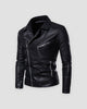 Black leather-look biker jacket with diagonal zip and quilted shoulders, front view