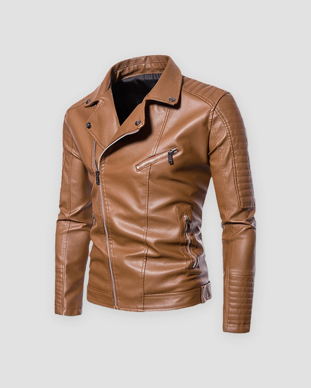 Tan-brown leather-look biker jacket with diagonal zip and quilted sleeves, front view