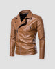 Tan-brown leather-look biker jacket with diagonal zip and quilted sleeves, front view