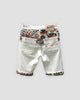 White denim shorts seen from behind with a jacquard yoke, the No.05 DESIGN label and two stitched back pockets