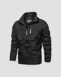 Black windbreaker jacket with a stand collar, a chest zip pocket and brown leather-look zip pulls, front view